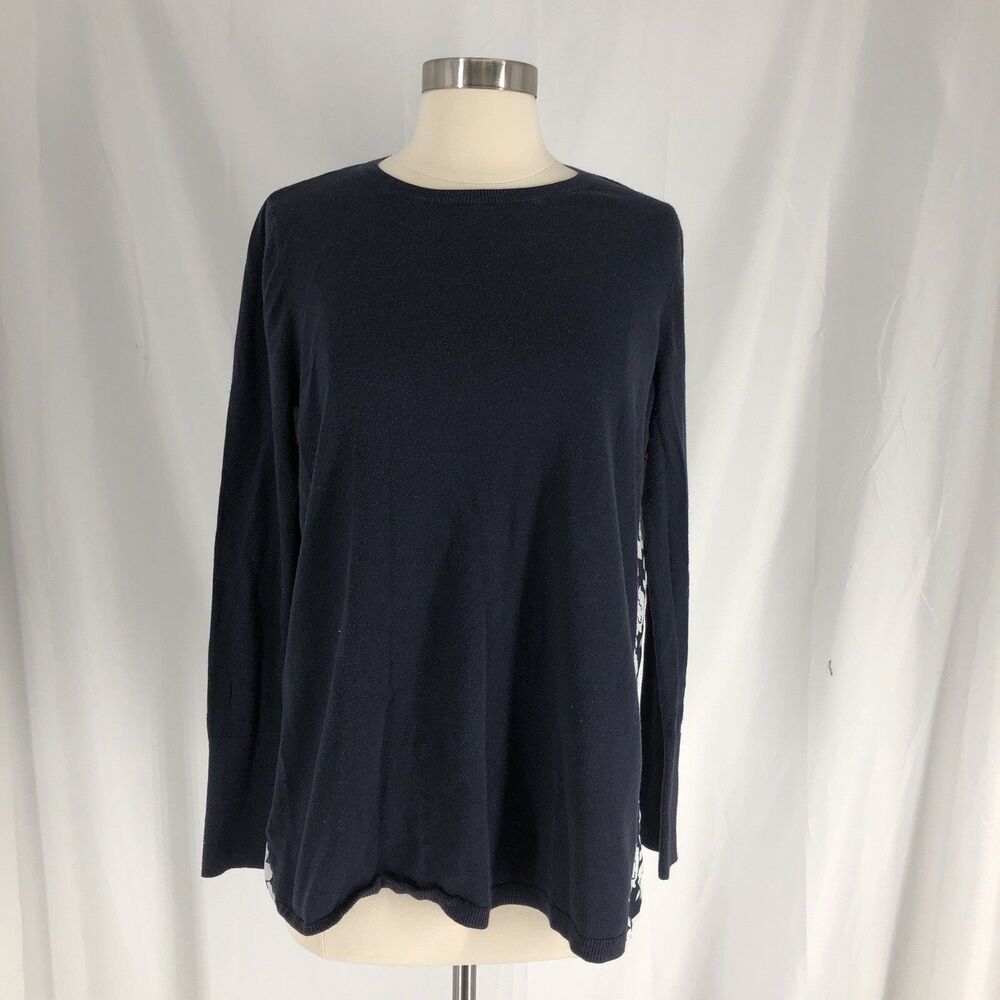 LOFT Mixed Media Sweater Womens M Navy Floral Back Knit Pullover Cottagecore
